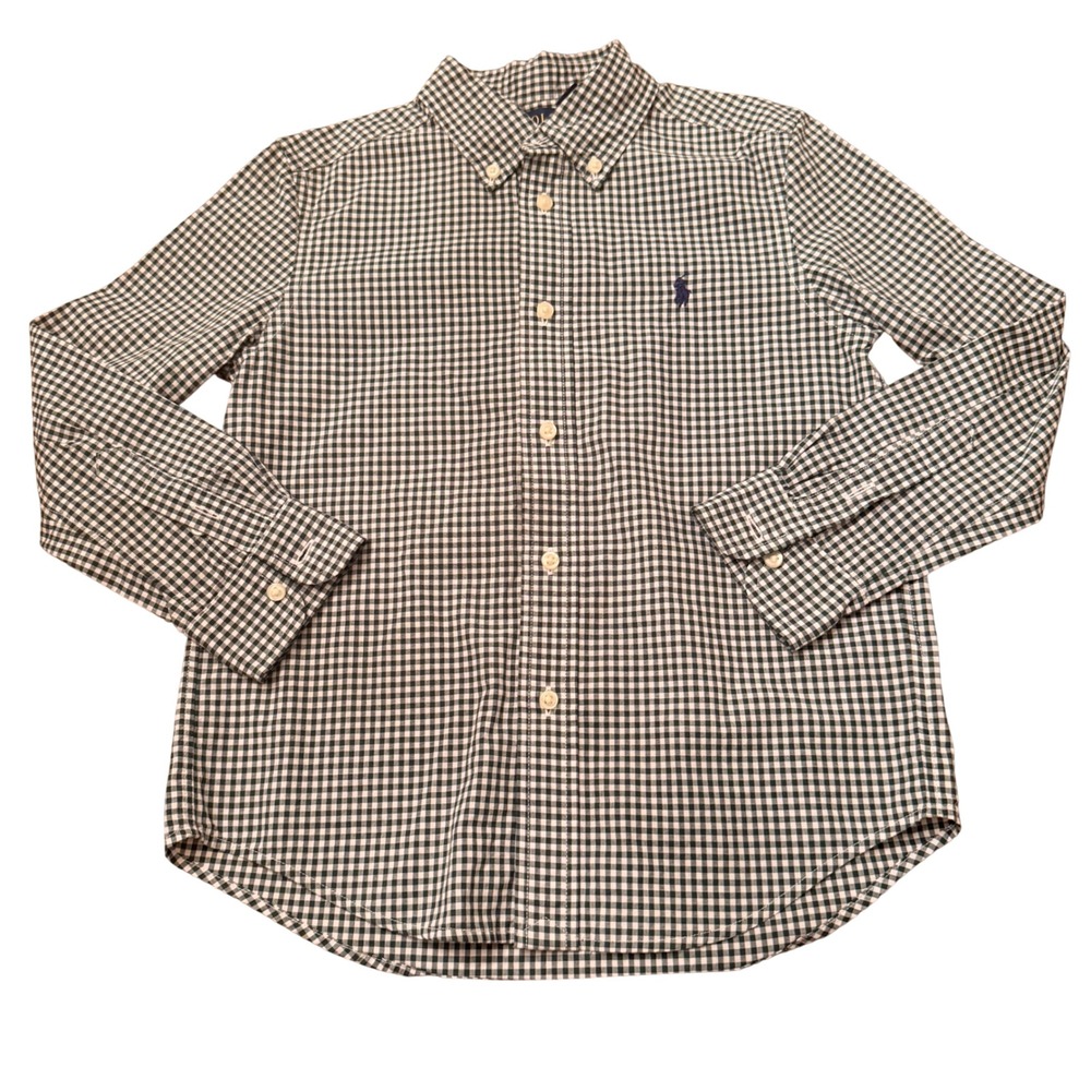 Polo Ralph Lauren Boys Green Gingham Natural Stretch Button Down Shirt Size 7